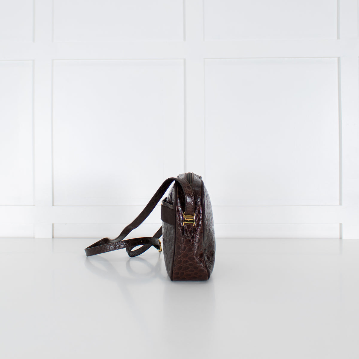 Salvatore Ferragamo Brown Croc Vintage Shoulder Bag