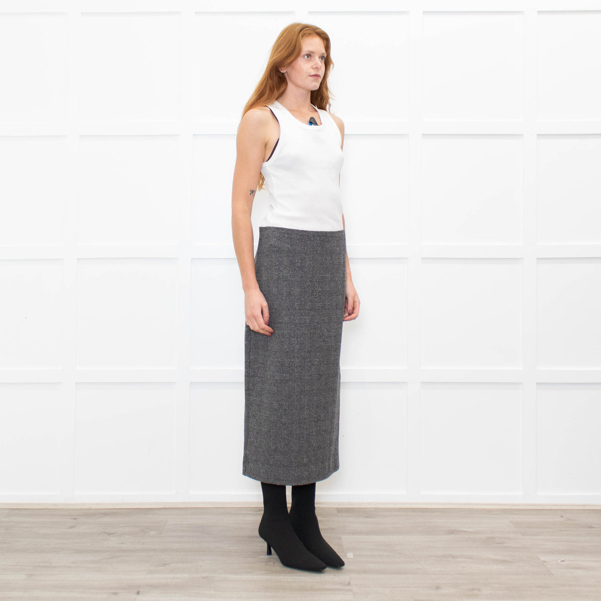 Vince Grey Check Stretchy Midi Skirt