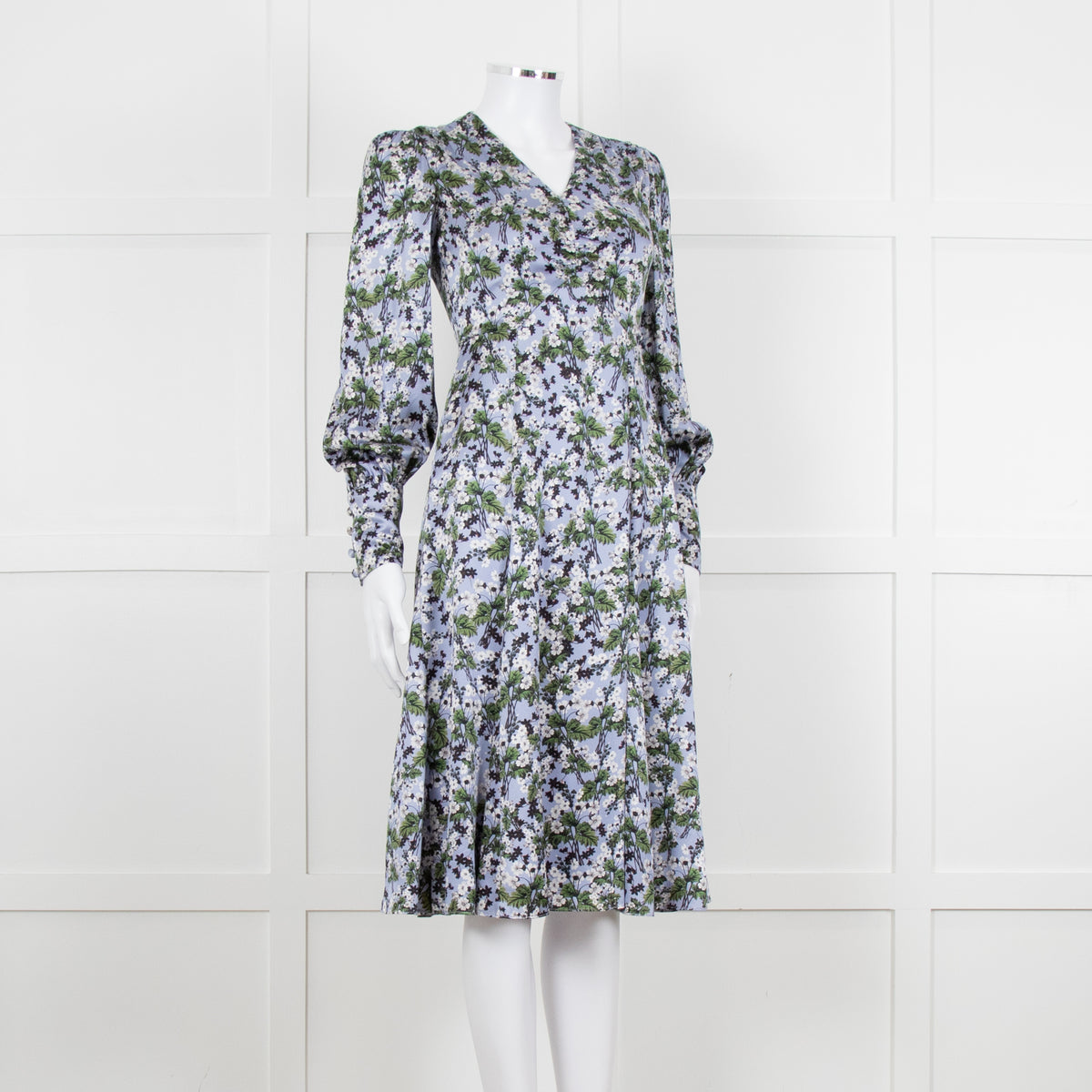 Erdem V Neck Blue Floral Silk Satin Midi Orisis Dress