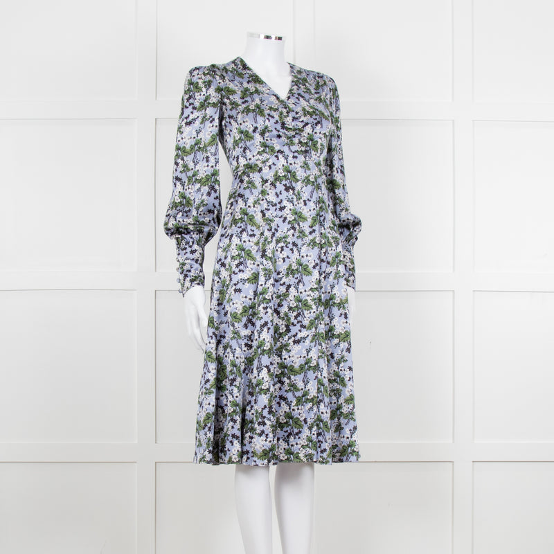 Erdem V Neck Blue Floral Silk Satin Midi Orisis Dress