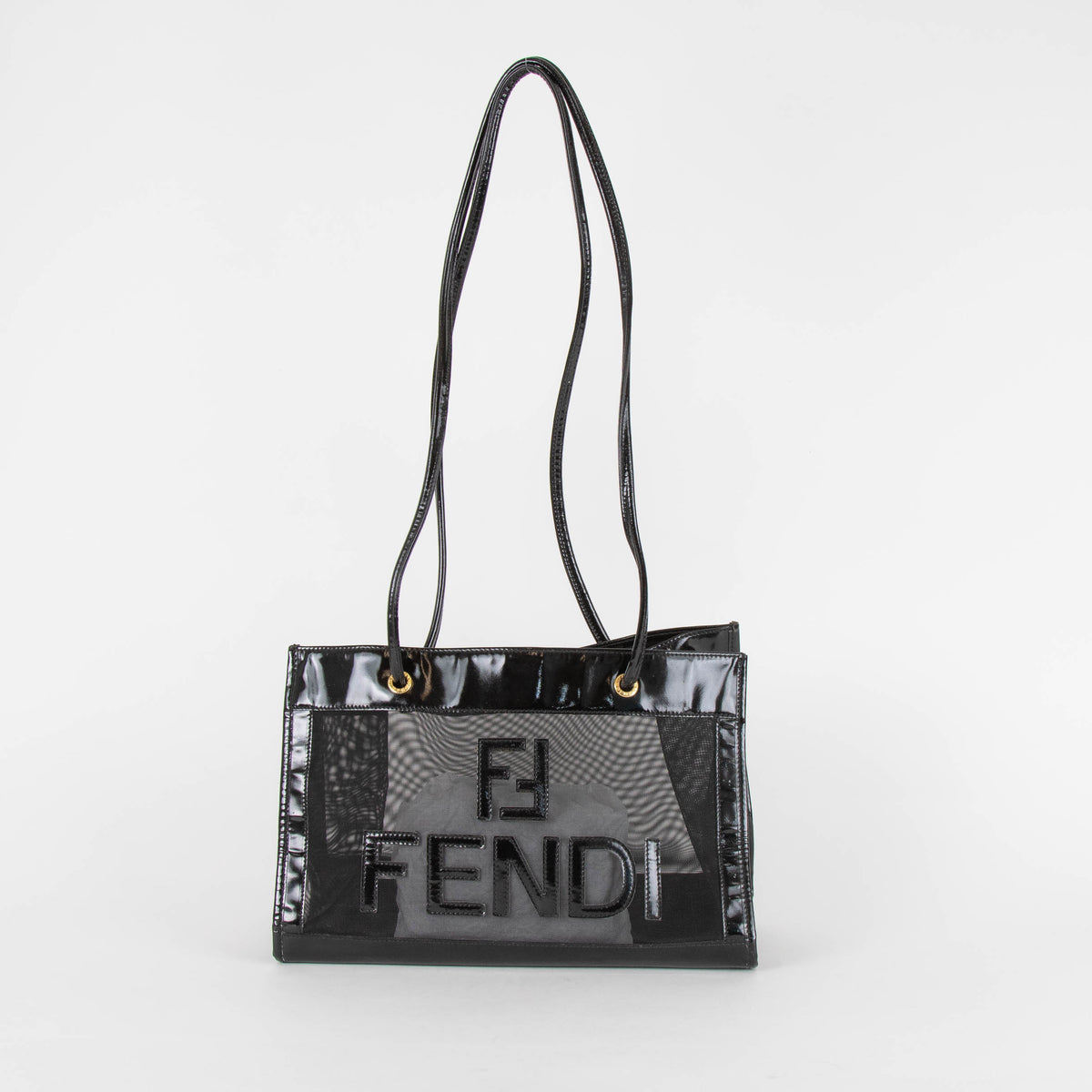 Fendi Black Leather Trim Mesh Logo Tote Bag