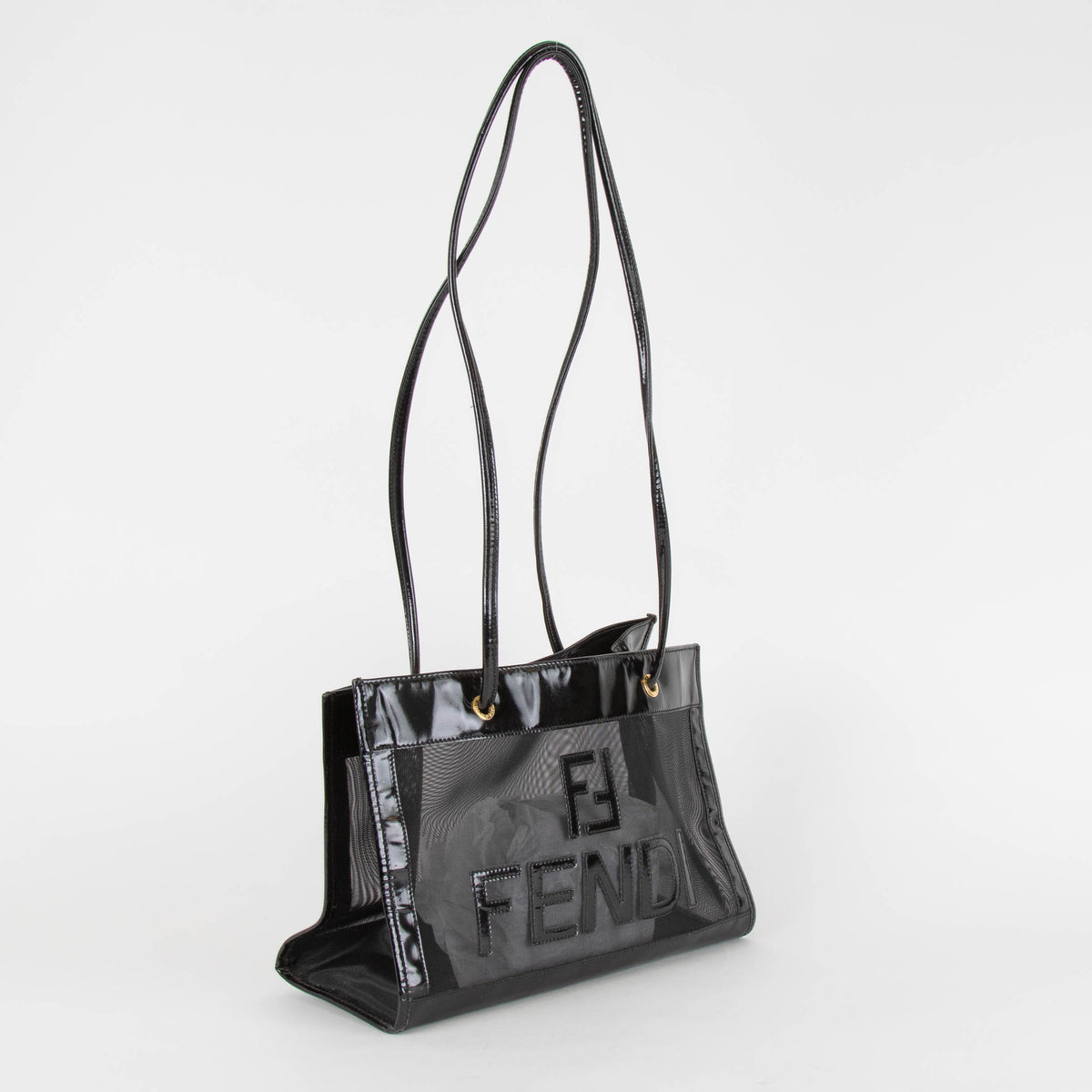 Fendi Black Leather Trim Mesh Logo Tote Bag