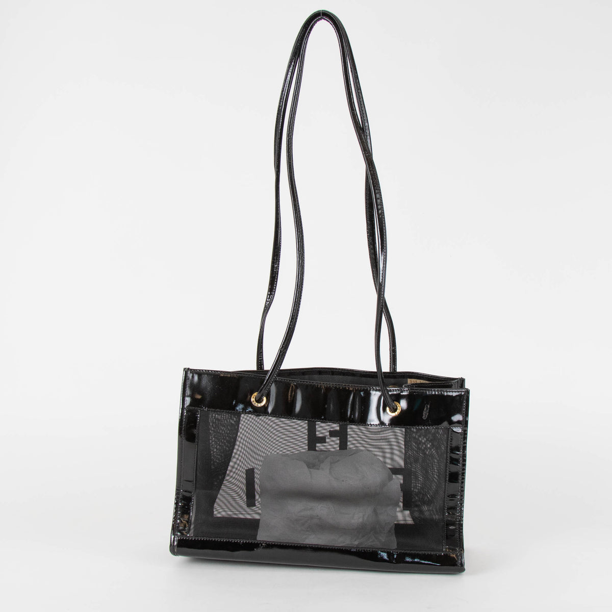 Fendi Black Leather Trim Mesh Logo Tote Bag