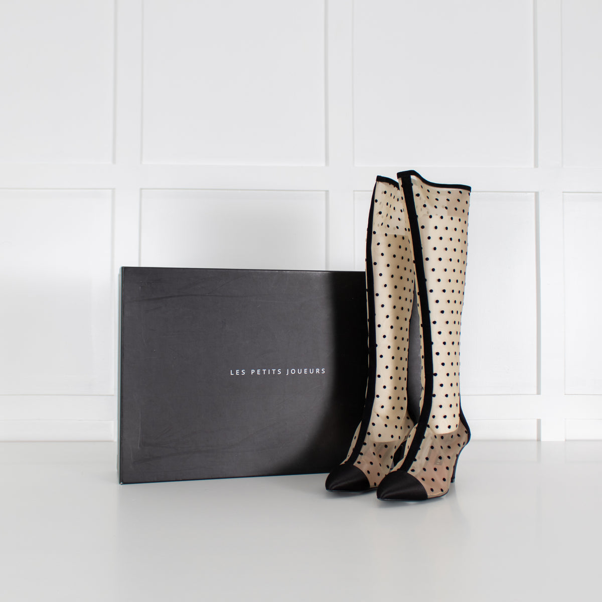 Les Petits Joueurs Black Beige Polka Dot Mesh Knee-High Boots