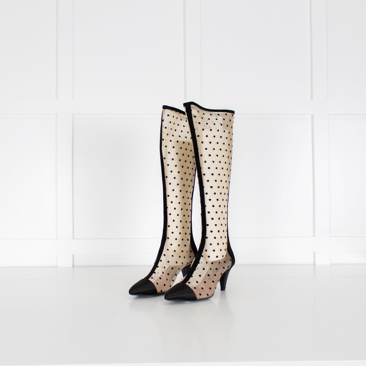 Les Petits Joueurs Black Beige Polka Dot Mesh Knee-High Boots