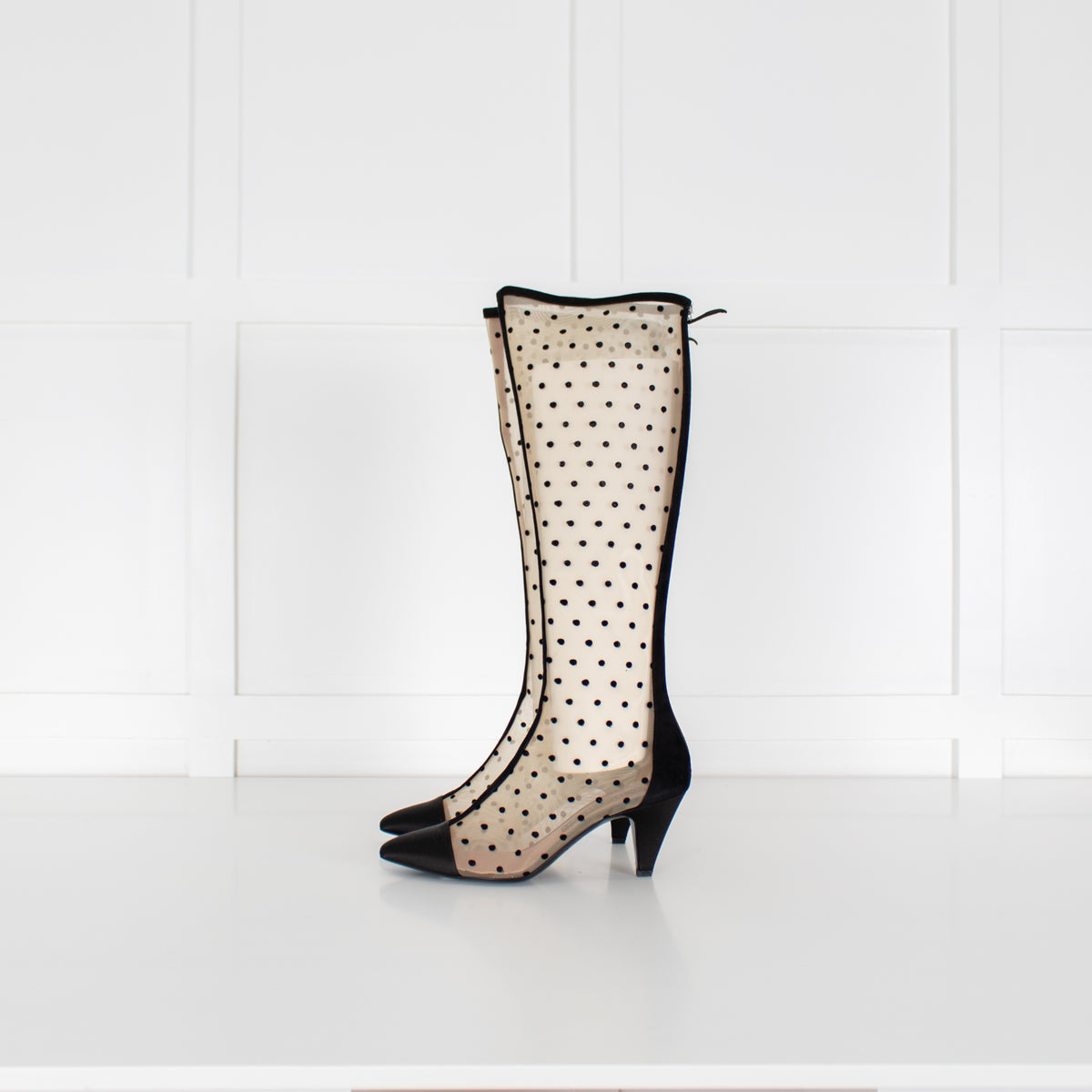 Les Petits Joueurs Black Beige Polka Dot Mesh Knee-High Boots