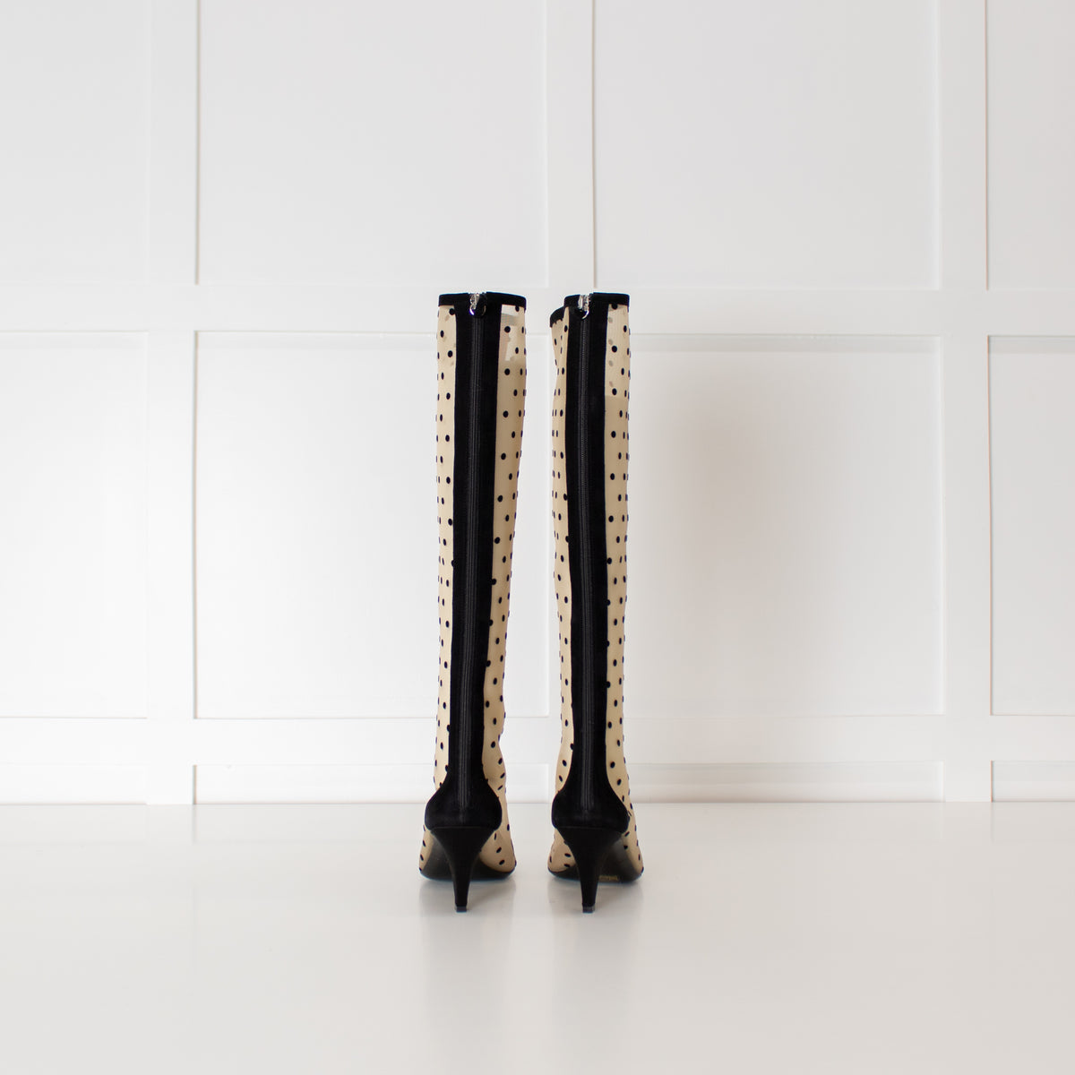 Les Petits Joueurs Black Beige Polka Dot Mesh Knee-High Boots