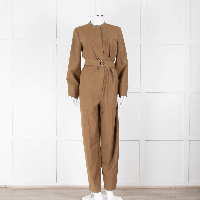 Sezane Camel Long Sleeve Jumpsuit with Belted Waist