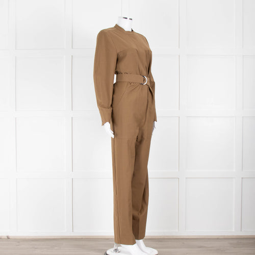 Sezane Camel Long Sleeve Jumpsuit with Belted Waist