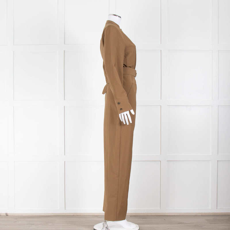 Sezane Camel Long Sleeve Jumpsuit with Belted Waist