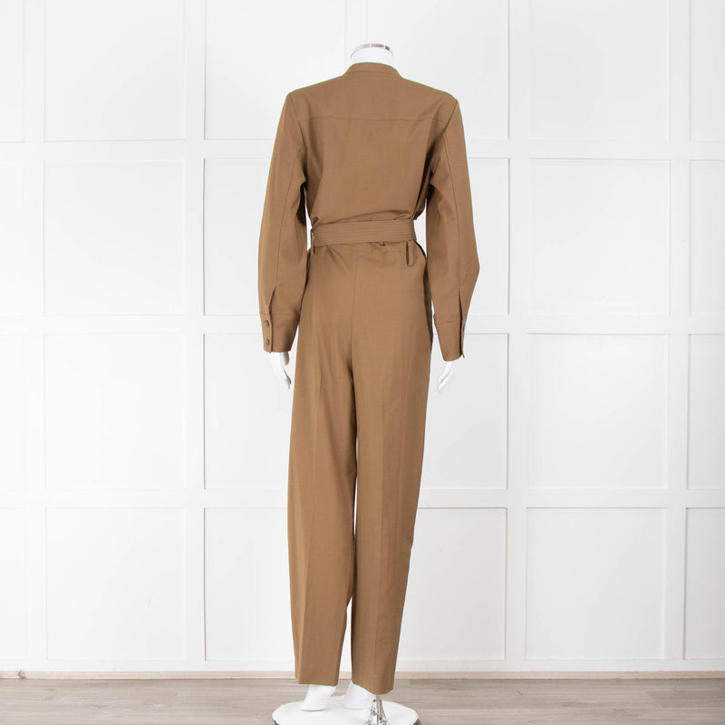 Sezane Camel Long Sleeve Jumpsuit with Belted Waist