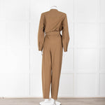 Sezane Camel Long Sleeve Jumpsuit with Belted Waist