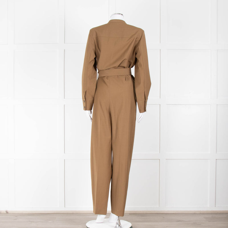 Sezane Camel Long Sleeve Jumpsuit with Belted Waist