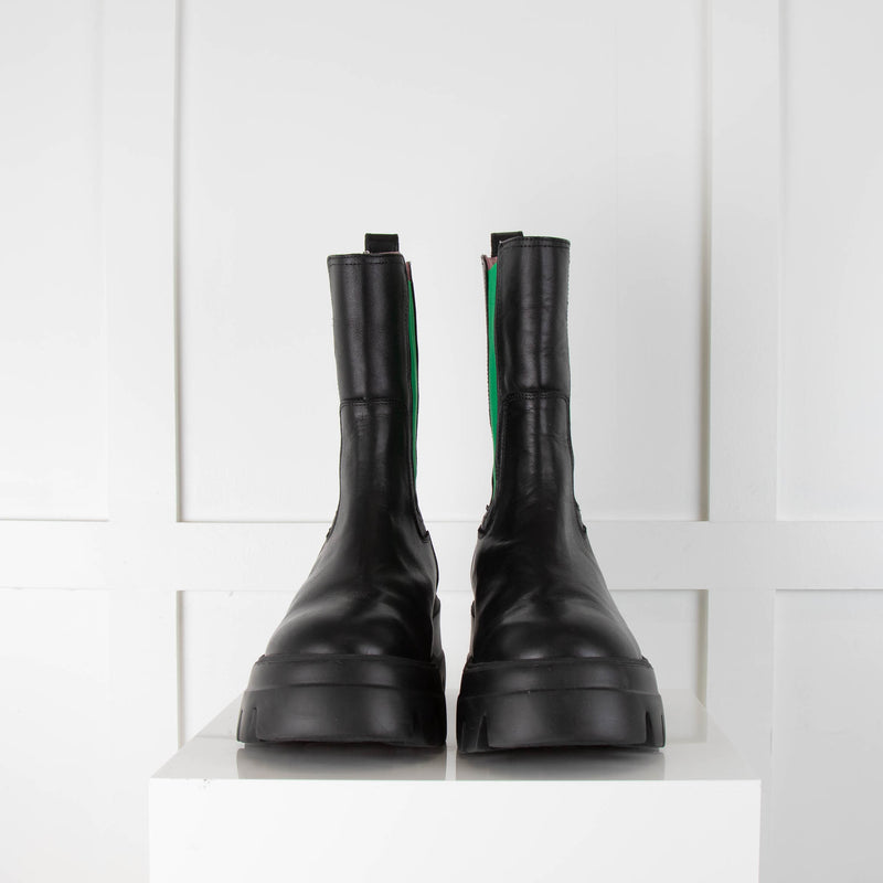Essentiel Antwerp Black Chelsea Boots with Green Elastic
