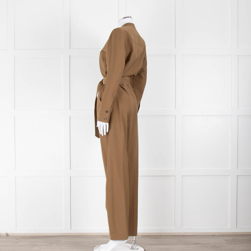 Sezane Camel Long Sleeve Jumpsuit with Belted Waist