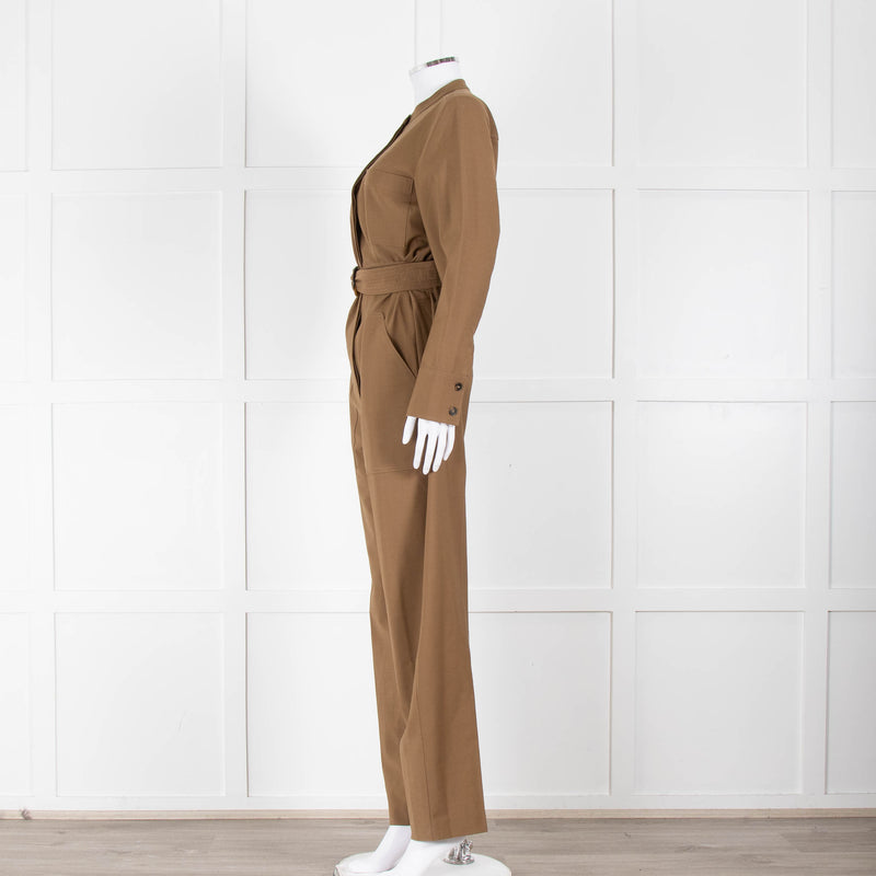 Sezane Camel Long Sleeve Jumpsuit with Belted Waist
