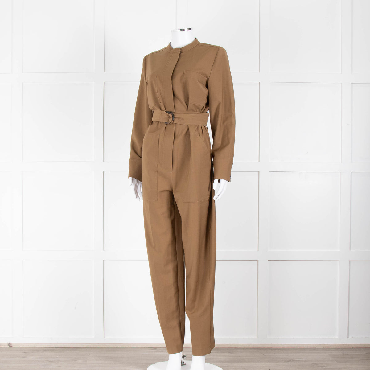 Sezane Camel Long Sleeve Jumpsuit with Belted Waist
