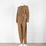 Sezane Camel Long Sleeve Jumpsuit with Belted Waist