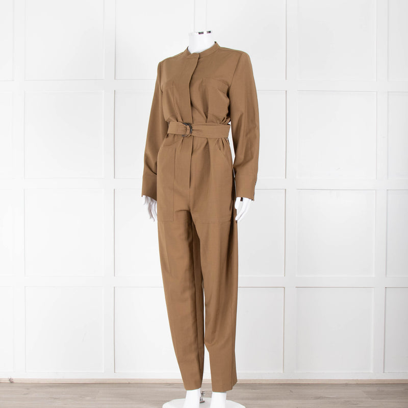 Sezane Camel Long Sleeve Jumpsuit with Belted Waist