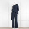 Halston One Shoulder Navy Jumpsuit With Tie Belt