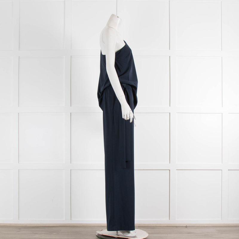 Halston One Shoulder Navy Jumpsuit With Tie Belt