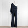 Halston One Shoulder Navy Jumpsuit With Tie Belt