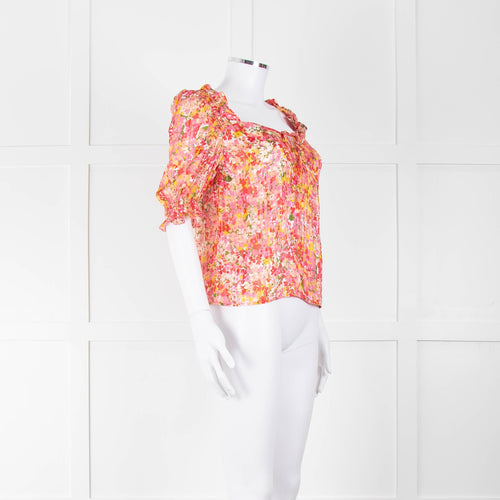 Sezane Pink Red Green Floral Silk Gold Lurex Stripe Top