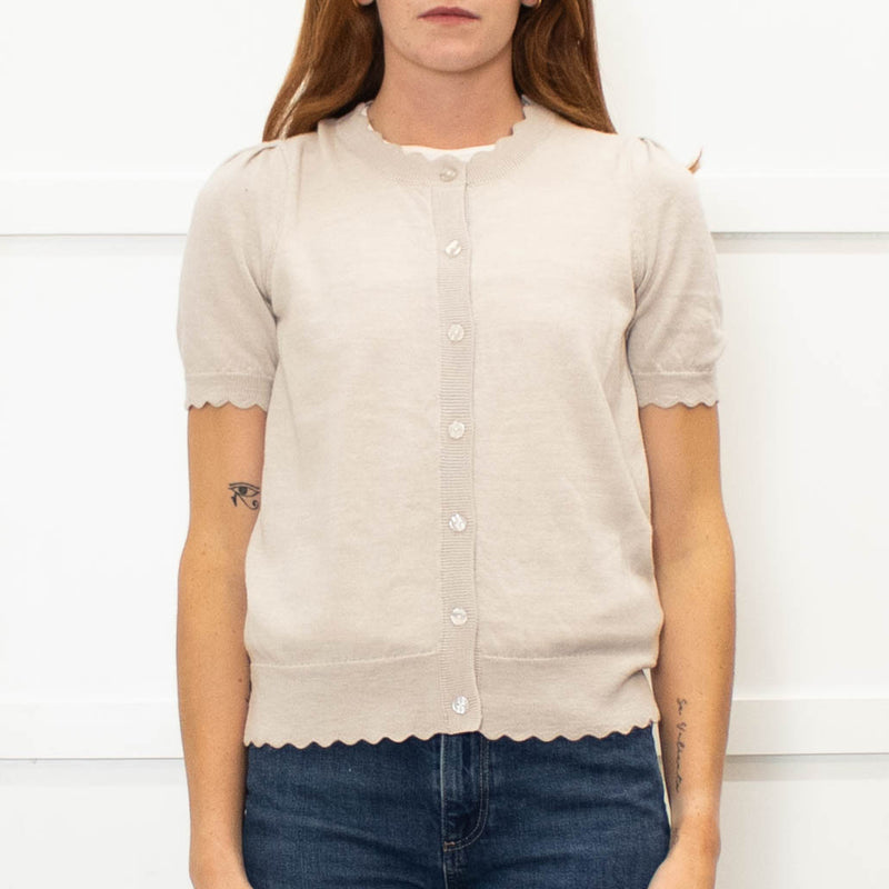 Wyse Beige Merino Wool Scallop Shape Cardigan