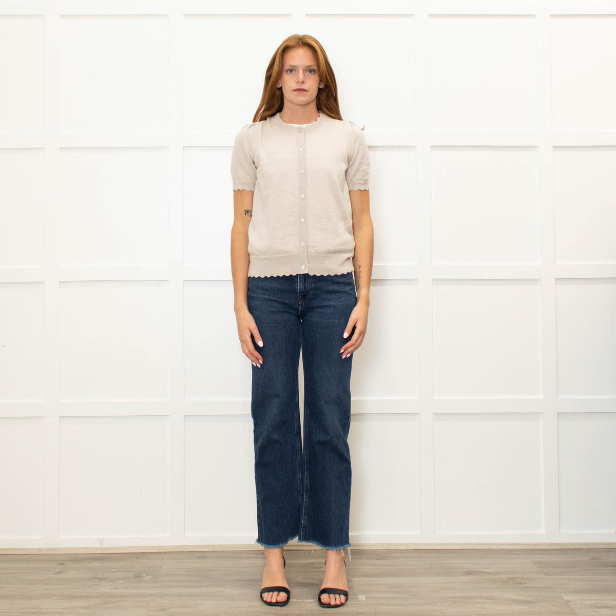 Wyse Beige Merino Wool Scallop Shape Cardigan