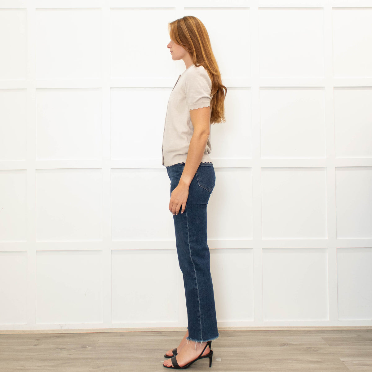 Wyse Beige Merino Wool Scallop Shape Cardigan