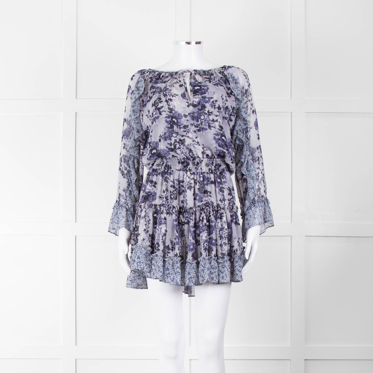Misa Blue Navy Floral Print Long Sleeve Ruffle Mini Dress