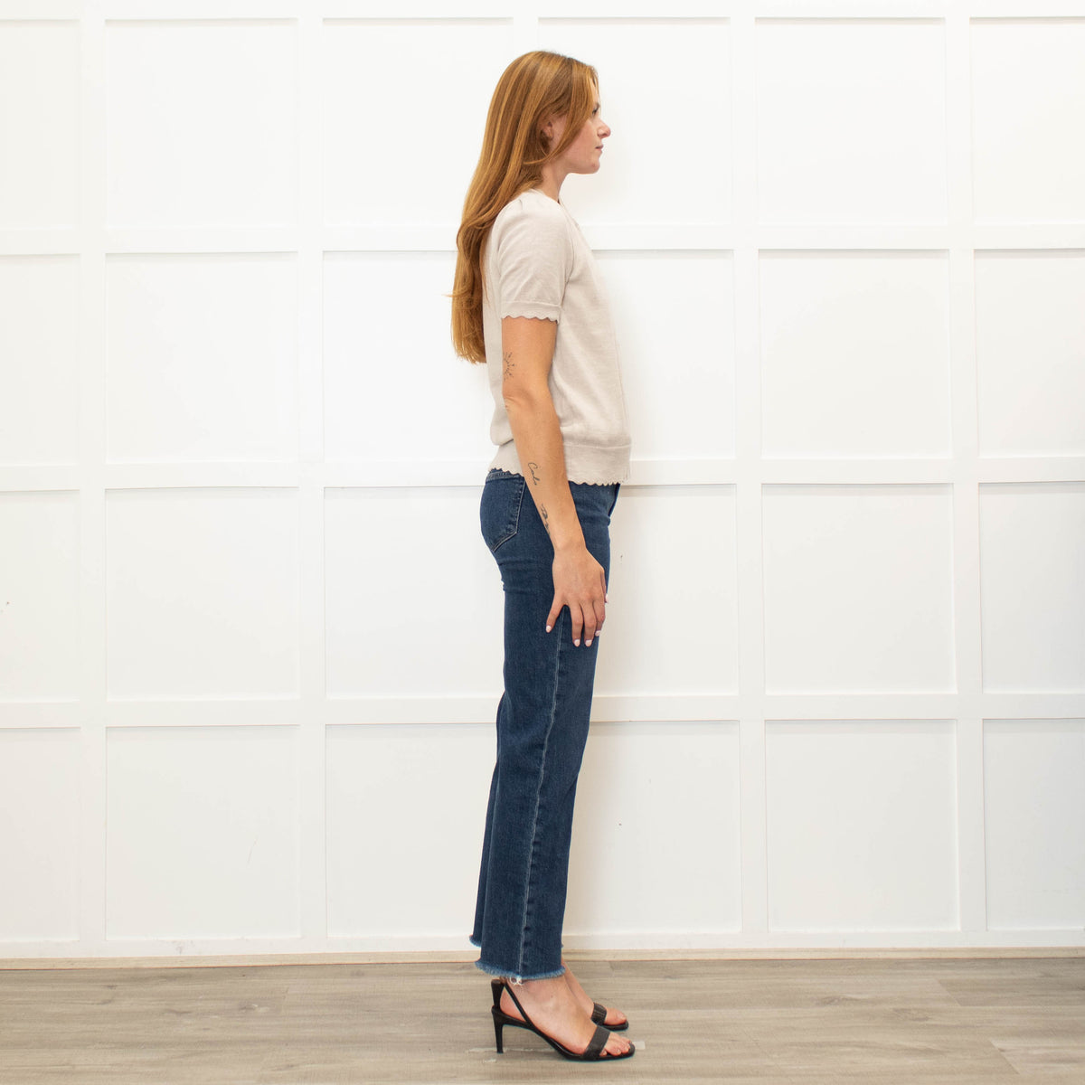 Wyse Beige Merino Wool Scallop Shape Cardigan