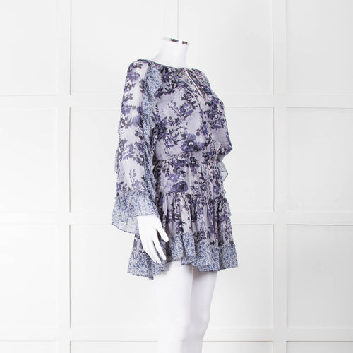 Misa Blue Navy Floral Print Long Sleeve Ruffle Mini Dress