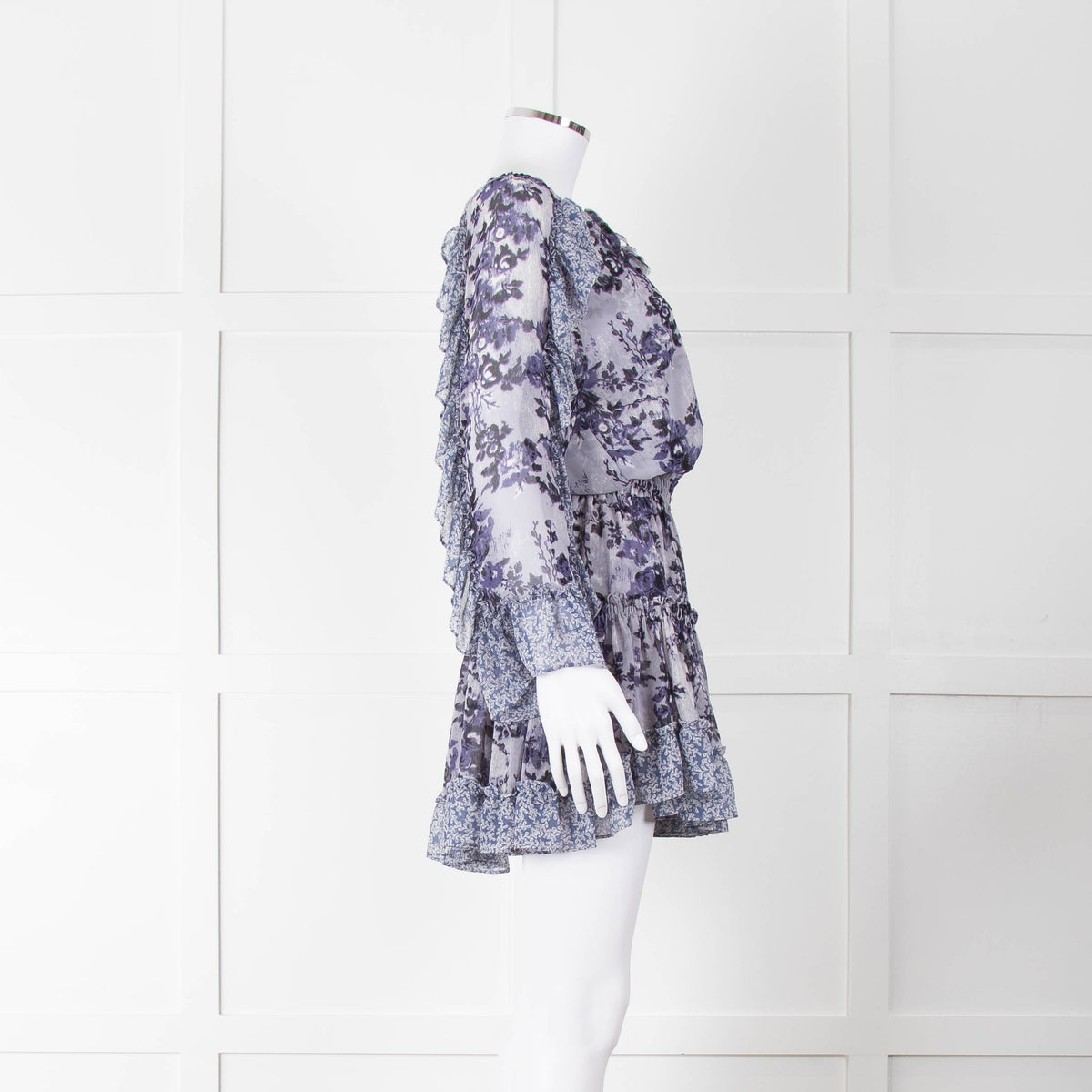 Misa Blue Navy Floral Print Long Sleeve Ruffle Mini Dress