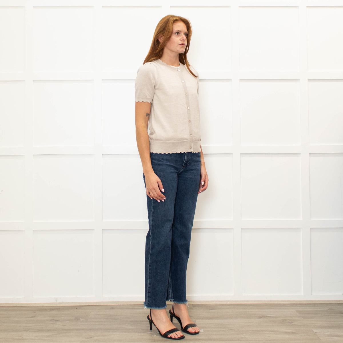 Wyse Beige Merino Wool Scallop Shape Cardigan