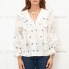 Lug Von Siga Cream Blue Flower Embroidered Lace Detailed Sleeved Top