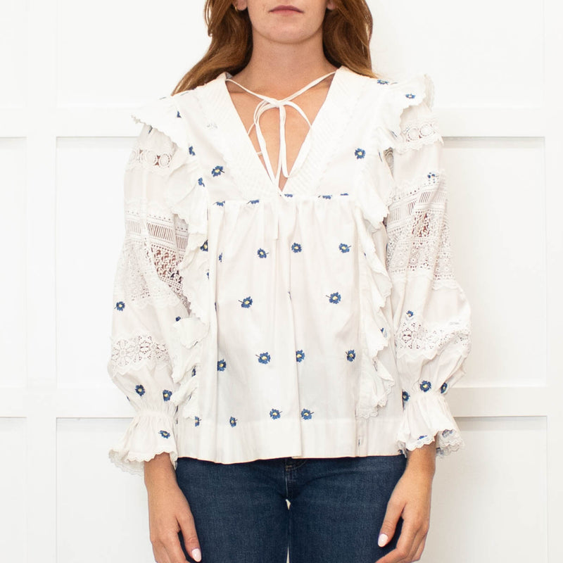Lug Von Siga Cream Blue Flower Embroidered Lace Detailed Sleeved Top