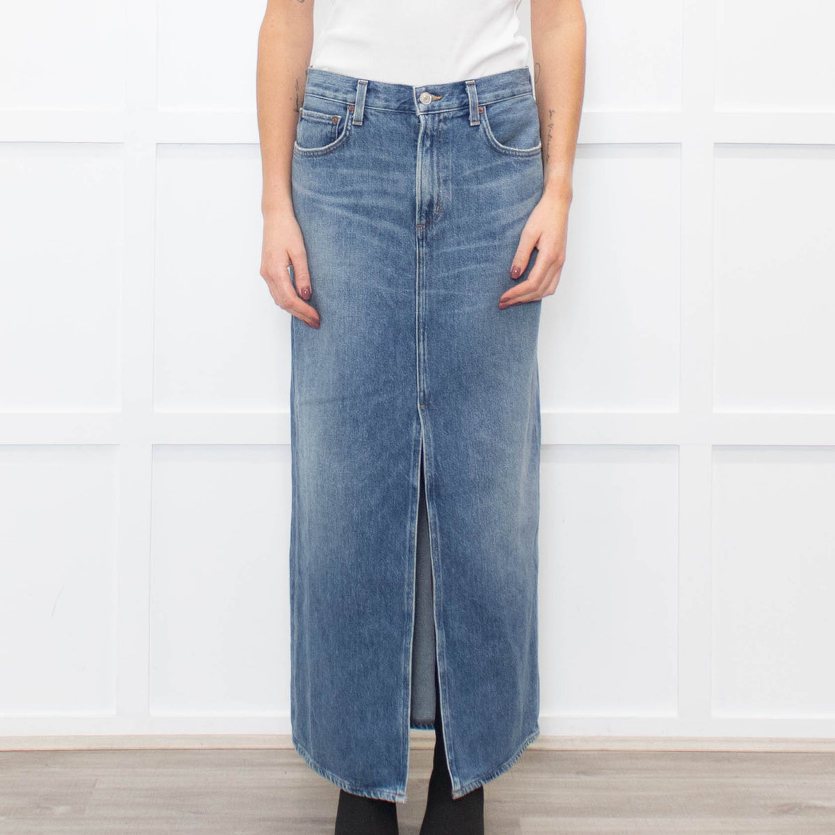 Agolde Pale Blue Denim Long Skirt With Front Split