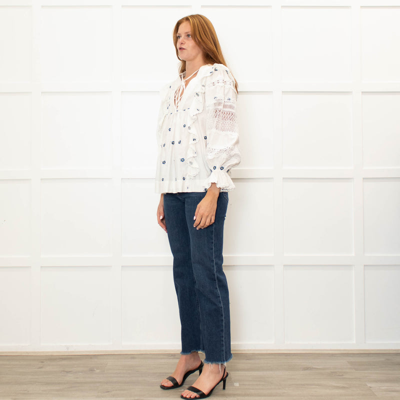 Lug Von Siga Cream Blue Flower Embroidered Lace Detailed Sleeved Top