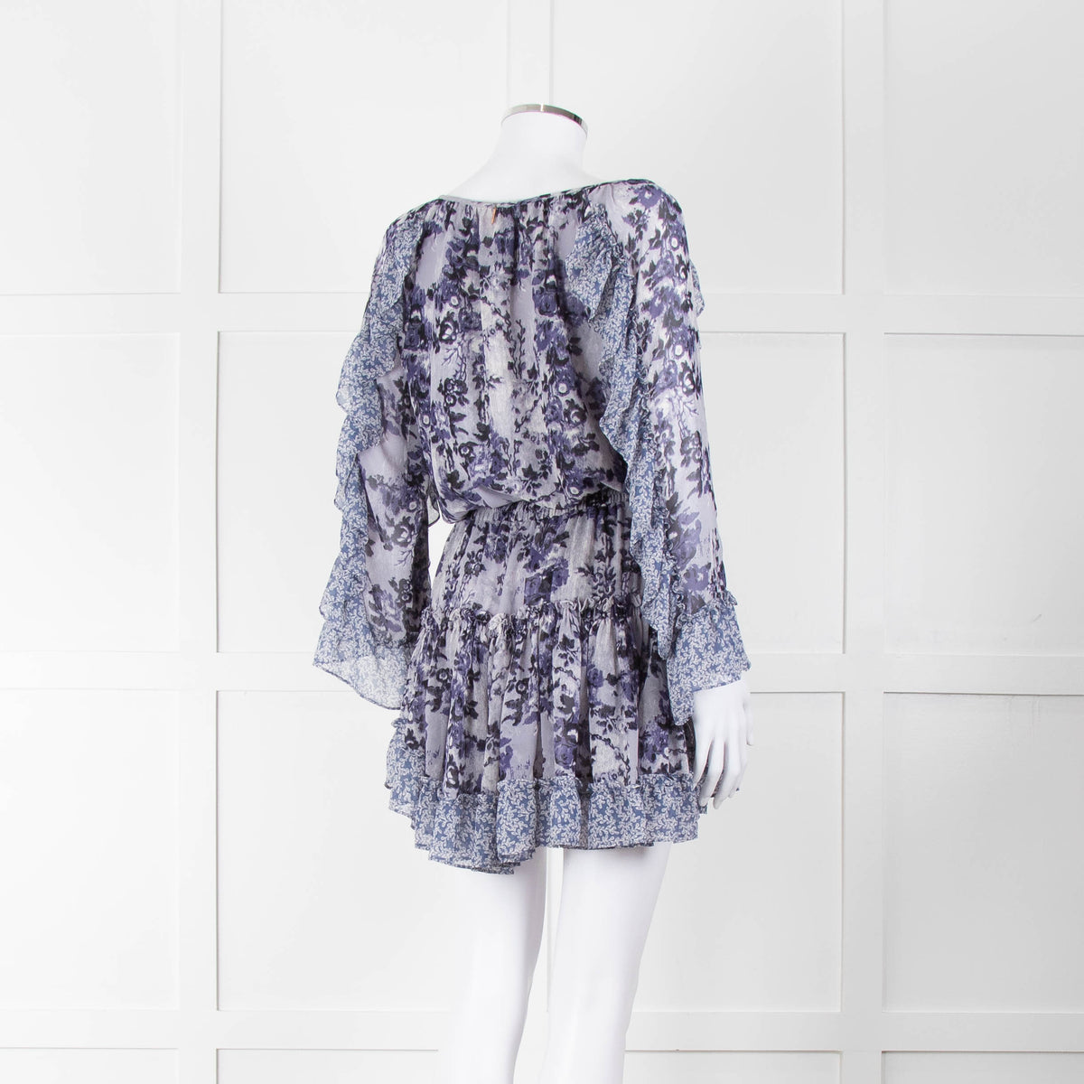 Misa Blue Navy Floral Print Long Sleeve Ruffle Mini Dress