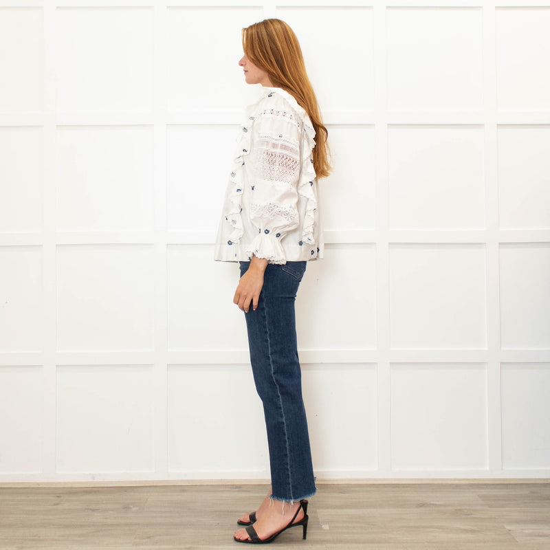 Lug Von Siga Cream Blue Flower Embroidered Lace Detailed Sleeved Top