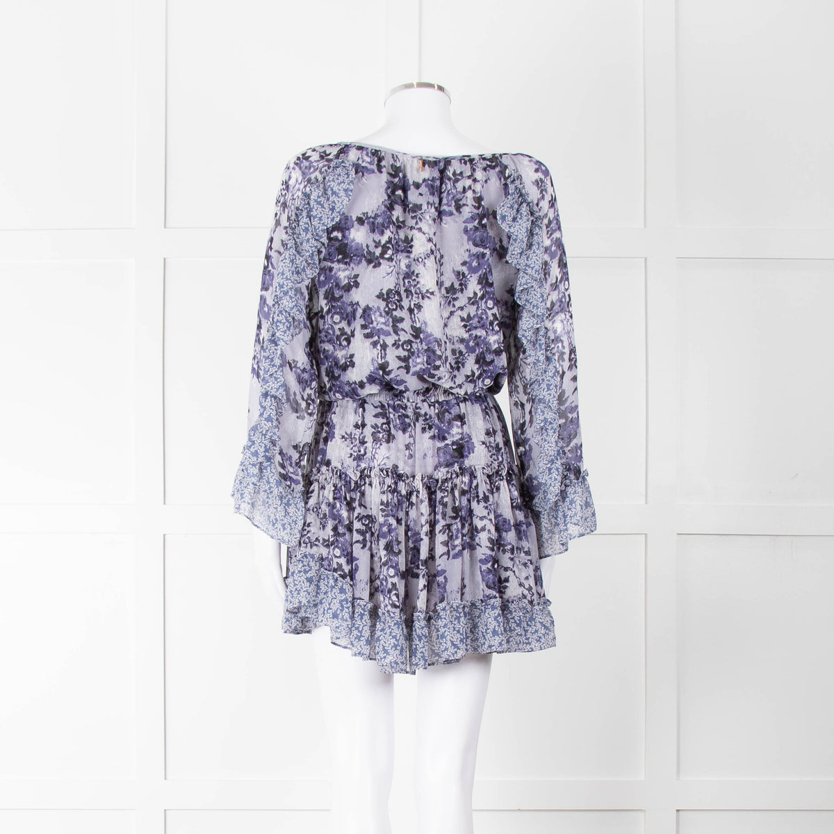 Misa Blue Navy Floral Print Long Sleeve Ruffle Mini Dress