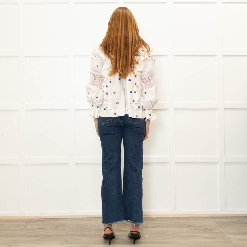 Lug Von Siga Cream Blue Flower Embroidered Lace Detailed Sleeved Top