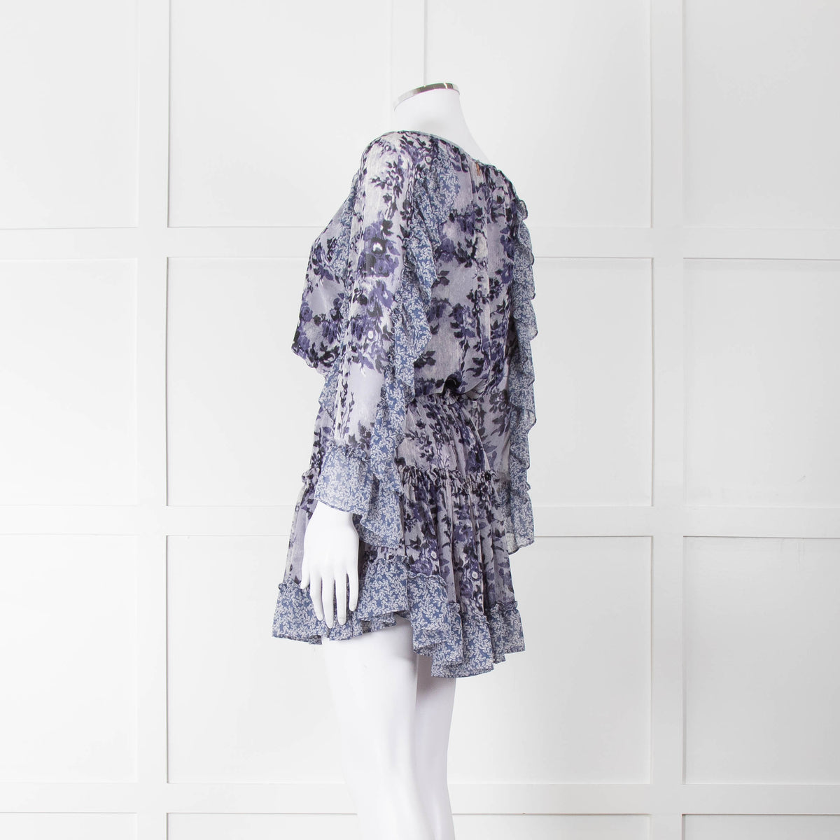 Misa Blue Navy Floral Print Long Sleeve Ruffle Mini Dress
