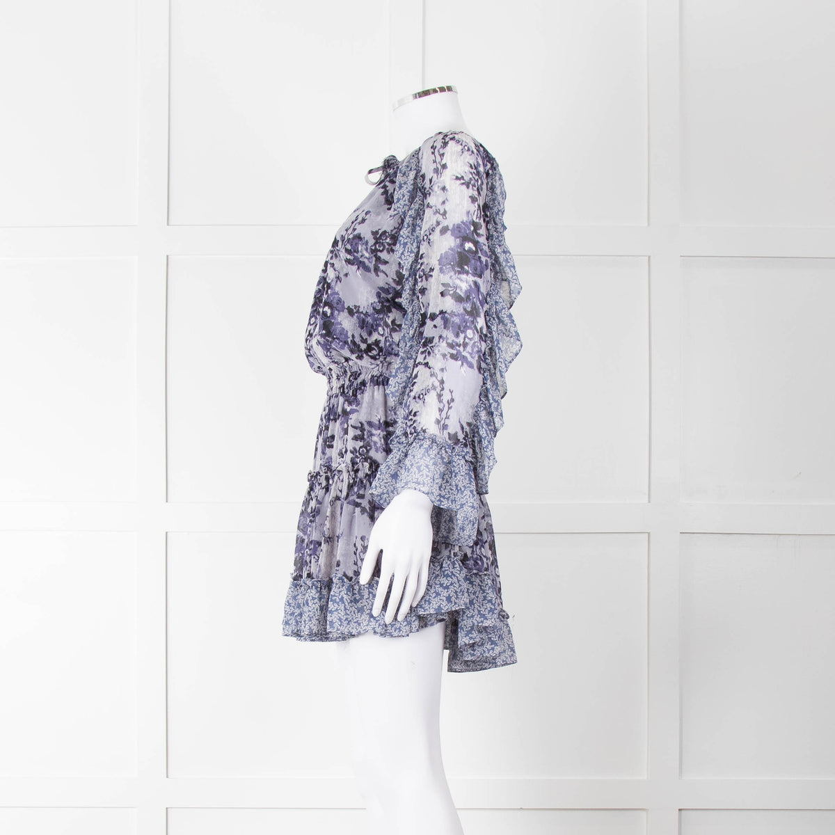 Misa Blue Navy Floral Print Long Sleeve Ruffle Mini Dress