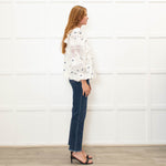 Lug Von Siga Cream Blue Flower Embroidered Lace Detailed Sleeved Top