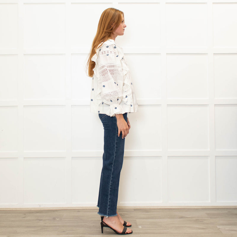 Lug Von Siga Cream Blue Flower Embroidered Lace Detailed Sleeved Top