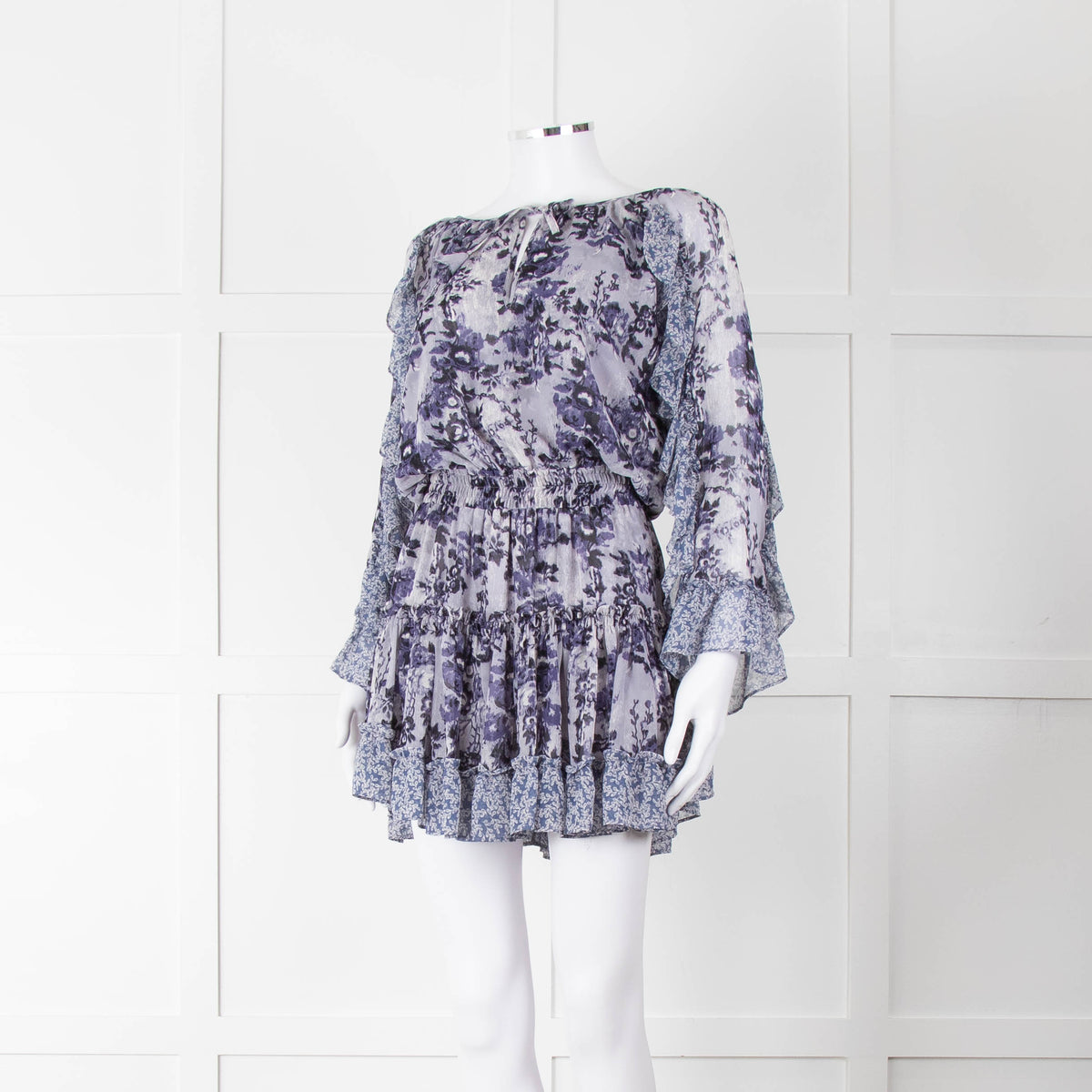 Misa Blue Navy Floral Print Long Sleeve Ruffle Mini Dress