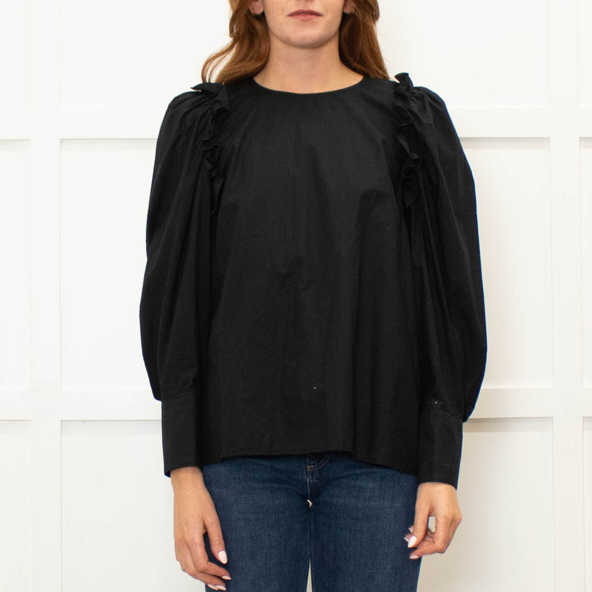 Ba&Sh Black Cotton Frill Trim Puff Sleeve Top