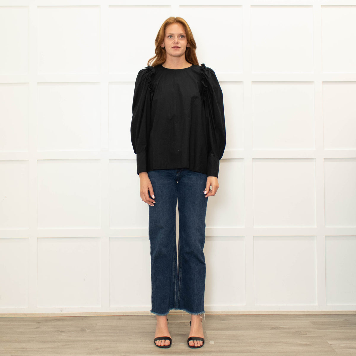 Ba&Sh Black Cotton Frill Trim Puff Sleeve Top